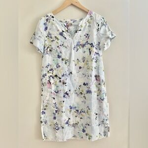 J Jill Love Linen Flower Floral Water Color Dress Size X-Small Pockets- EUC